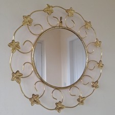 Vintage Round Wall Mirror Steel Framed Leaf Design Gold