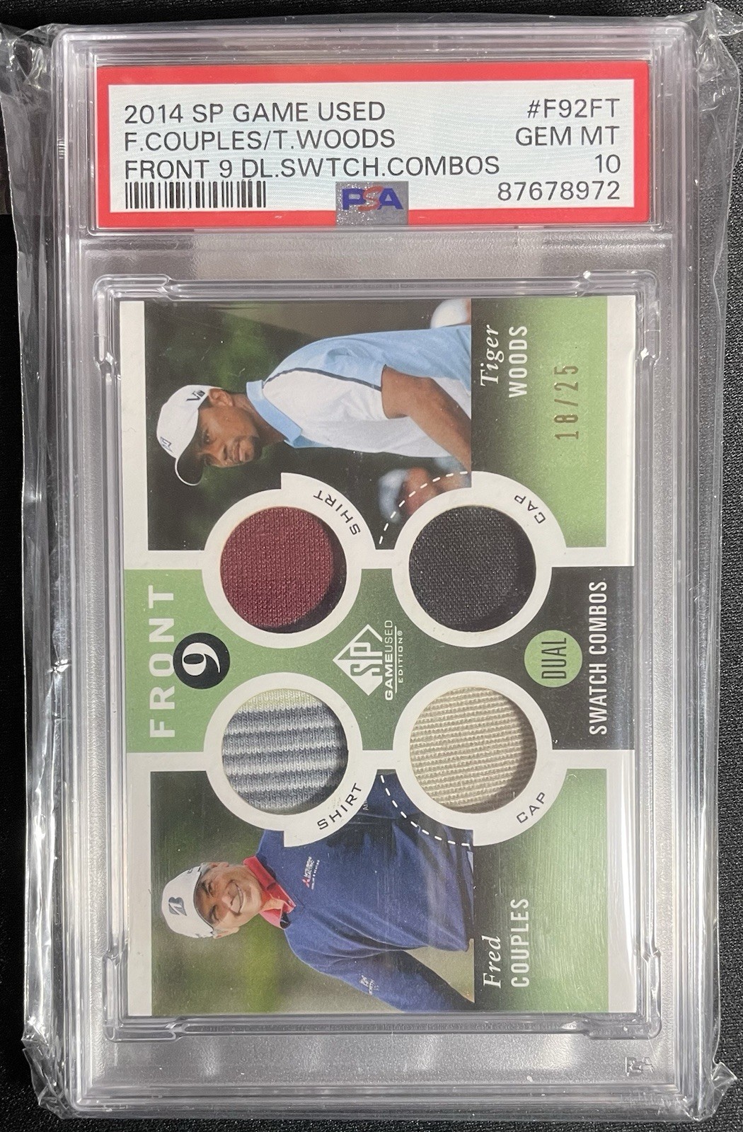2014 SP Game Used Tiger Woods Fred Couples /25 Front 9 Dual Swatch Sunday PSA 10 view 3