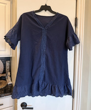 Women's L Blue Solid V-Neck Bell Sleeve Eyelet Lace Ruffle Dress