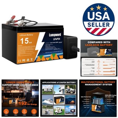 Compact 12V 15Ah LiFePO4 Battery - Deep Cycle Rechargeable with Charger Included