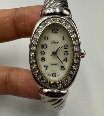 Collezio Watch Women Silver Tone Oval Dial Ribbed Bangle Band 6.25 Inch