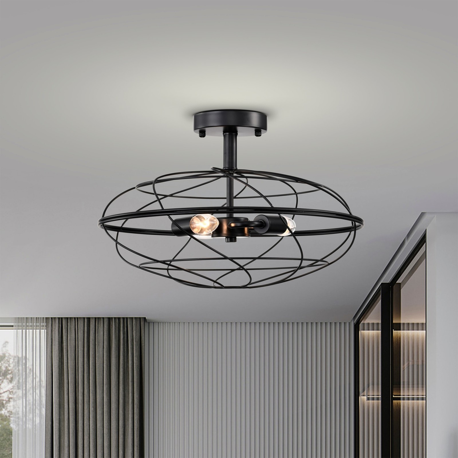 17-Inch Matte Black Semi-Flush Mount Ceiling Light with 3 Bulbs