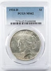 Certified 1934-D Peace Dollar Silver PCGS MS62 $1
