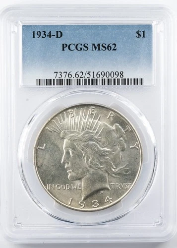Certified 1934-D Peace Dollar Silver PCGS MS62 $1