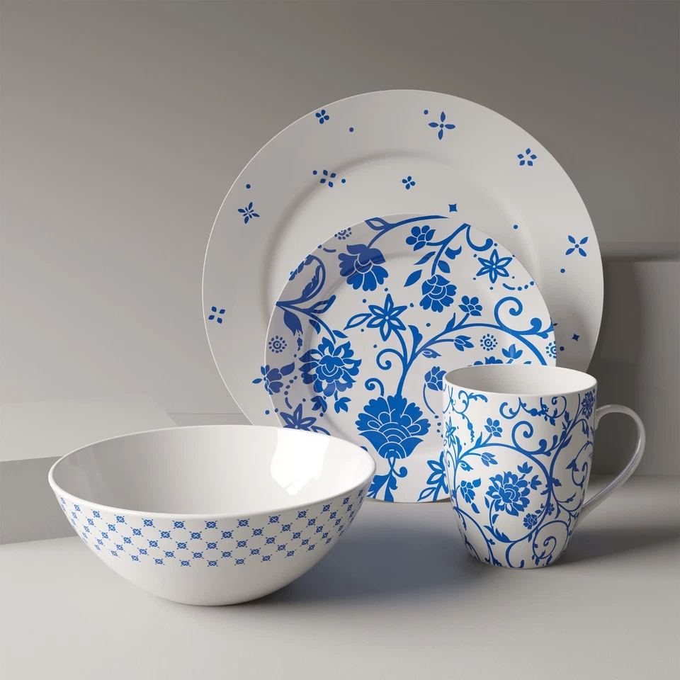 Juego de cena 16 piezas azul y blanco patrón floral ropa de cena Foto 2 de 4