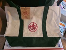 TRADER JOE'S LARGE CANVAS BAG HEAVY COTTON REUSABLE SHOPPING BAG WHITE GREEN NWT