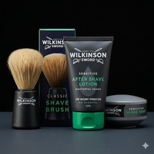 Wilkinson Sword Shaving Soap, Classic Brush And Aftershave Lotion set.