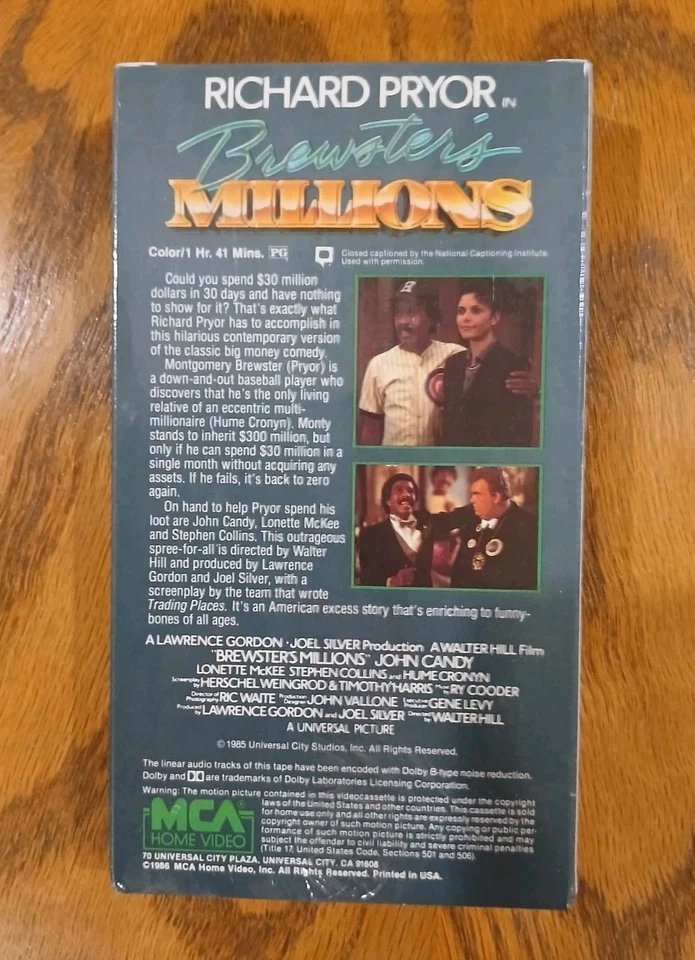 Brewster's Millions VHS SEALED MCA Richard Pryor John Candy 1st Print Watermarks - Image 2 of 4