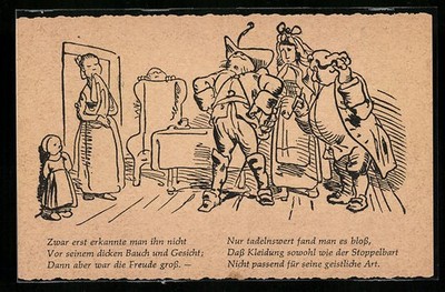 Artist postcard Wilhelm Busch: mother with child receive three gentlemen in the room 