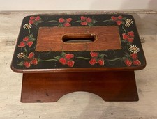 Wooden Stool Hand Painted Strawberries Daisy Country Farmhouse Cottage Core