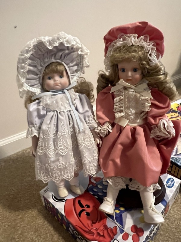 Lot of 2 Porcelain Girl Dolls Blonde Curly Hair Blue Eyes Lace/Pink Dresses