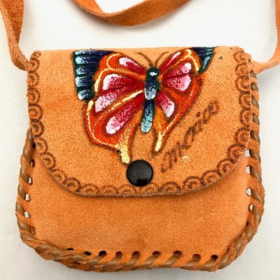 Hand Painted Butterfly Mexican Suede Shoulder Neck Pouch Snap Closure Suede