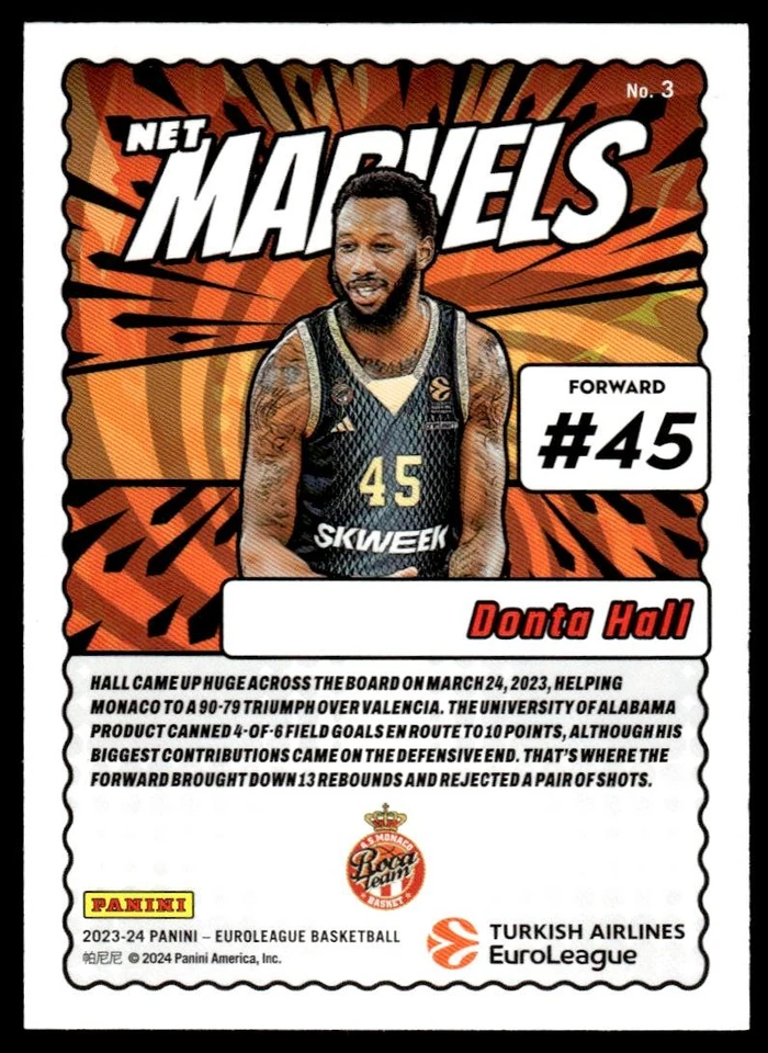 Donta Hall 2023-24 Donruss EuroLeague #3 Net Marvels AS Monaco Basketball Card - Image 2 of 2
