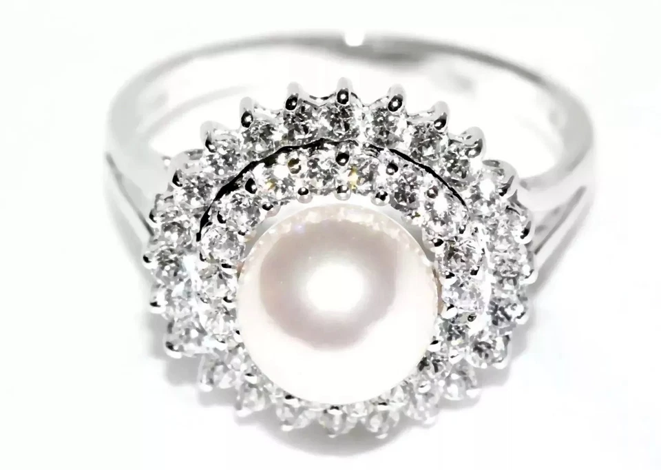 Anillo de oro Diamonique anillo de perlas cultivadas de 8 mm de oro blanco macizo de 14 quilates 3,73 g tamaño O7 Foto 4 de 4