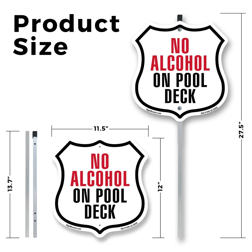 No Alcohol On Pool Deck Shield Shaped Sign With Stake Crafted in the USA Foto 2 de 4