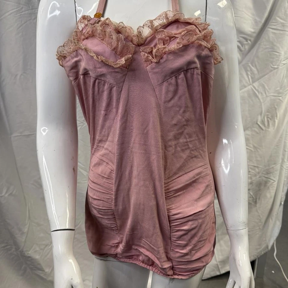 Traje de baño vintage años 50 Marco rosa acanalado de una pieza ribete de encaje talla 6 Foto 3 de 4