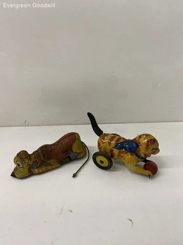 Mid-Century Marx Tin Friction Toy Cat & dog Lever Action Tail Wind-Up