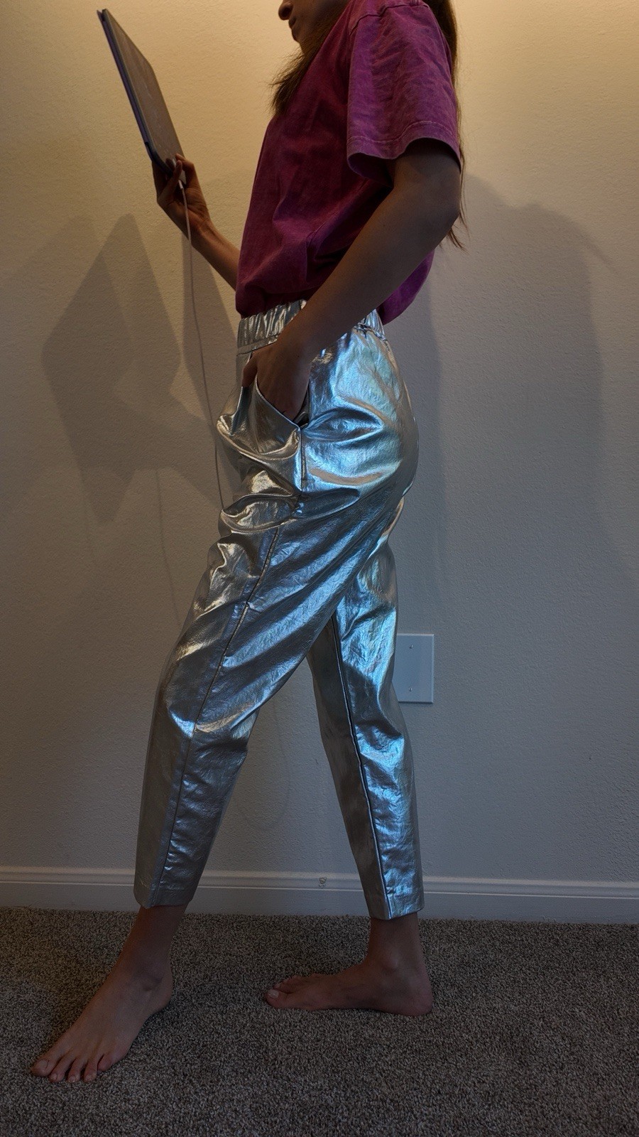 Silver Faux Leather Ankle Pants Shiny Straight Leg Elastic Waist Pockets Women thumbnail 3