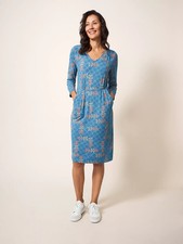 WHITE STUFF Size UK 14 Women Dress "Tallie" Jersey Teal With Pockets 3/4 sleeves
