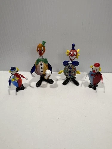 Four Murano Clown Figurines Hand Blown Vintage Art Glass