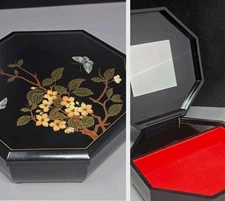 Japan Octagonal Lacquer Music Jewelery Box "Memories" Mother Of Pearl Inlaid 