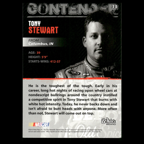 Tony Stewart #33 2010 Wheels Main Event Stewart-Haas Racing Racing Card - Picture 2 of 3