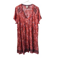 Knox Rose Womens XL Rust Floral Print Boho Dress V-Neckline Short Sleeve Summer