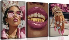 3 Pcs Pink Black Girl Canvas Wall Art Luxury African Wall Decor Pictures Mode...