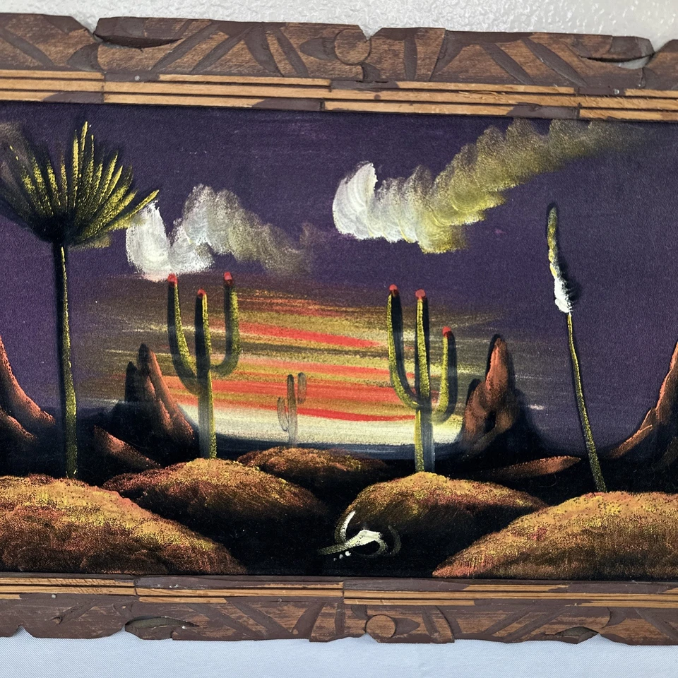 Vtg Desert Sunset Black Velvet Painting Cactus Mountains Skull Carved Wood Frame - Image 3 of 4