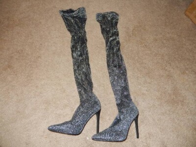 Ladies 3.5'' High Heel Shoes With Boot Style Cover, Black/Silver Sparkle, Size 7