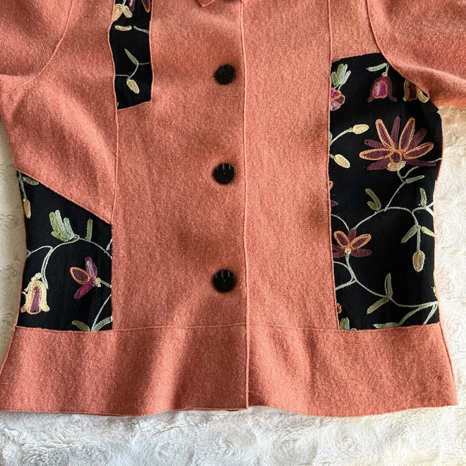 Винтажный шерсти пальто куртка женщин маленький оранжевый горошек вышитый цветочный цветок с воротником - Изображение 4 из 4