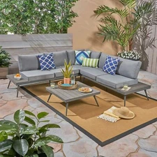 Deborah Outdoor Wood and Aluminum V-Shaped 5 Seater Sofa Set