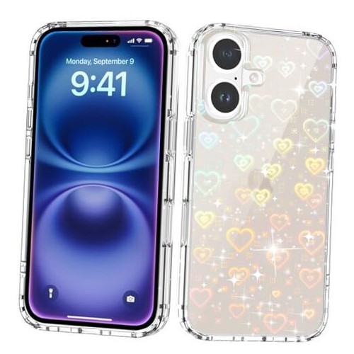 for iPhone 16 Case, Clear Cute Glitter Laser Holographic Heart Rainbow Heart