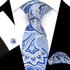 Classic Floral Blue White Jacquard Silk Men's Tie Necktie Hanky Cufflink Set