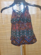 Arizona Womens Tankini Top Size Small Purple White Blue Designs Swimwear Ties