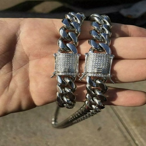 Miami Cuban Bracelet & Chain Set Stainless Steel 14mm Solid Silver CZ Clasp - 第 26/28 張圖片