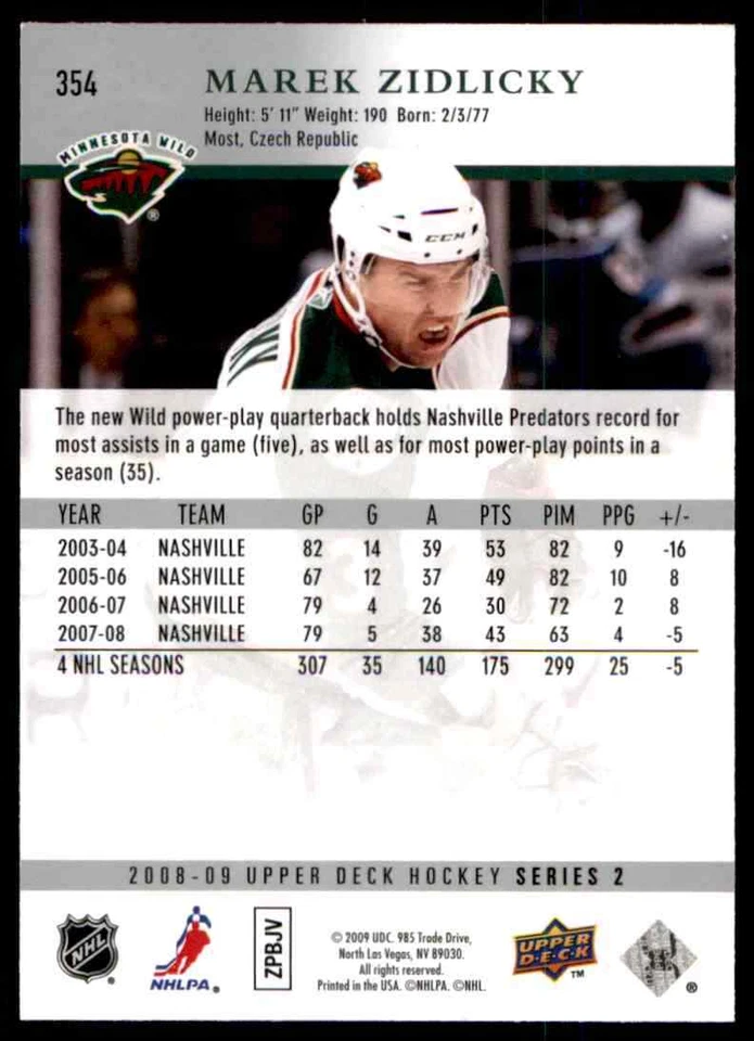 2008-09 Upper Deck Marek Zidlicky #354 - Image 2 of 2