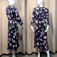 M&S Floral SATIN Round Neck MIDI TEA DRESS ~ Size 16 ~ BLACK, PURPLE Mix