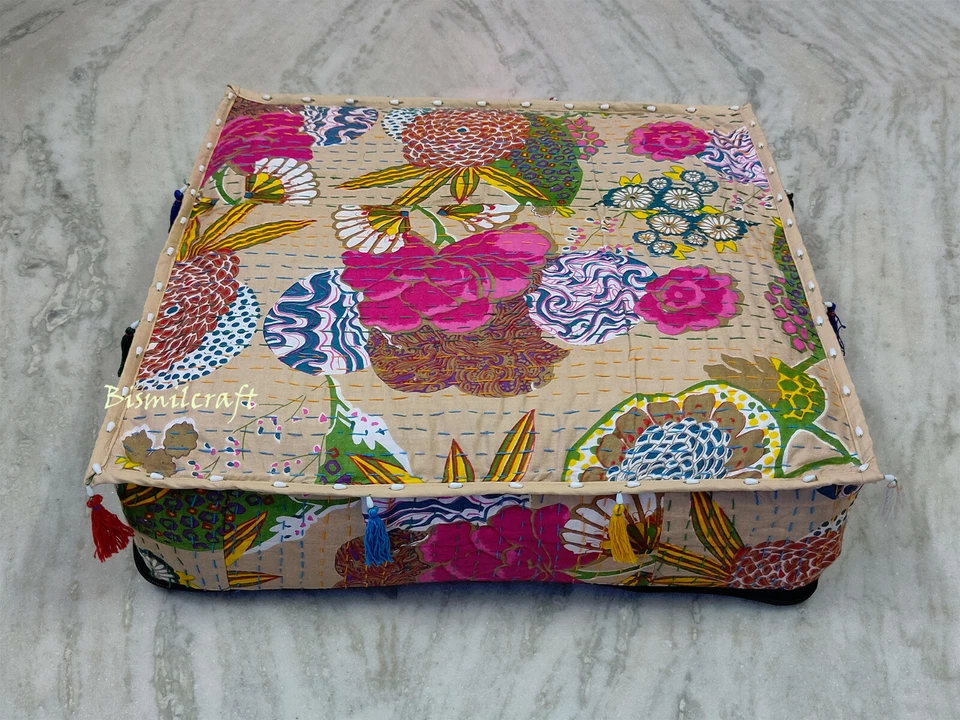 Funda de cojín cuadrada Kantha 18X18X5" funda de almohada de piso almohada Zafu sin relleno D1 Foto 2 de 4