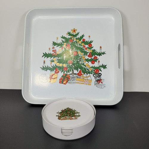 Vintage Japan 8 Pc Set Christmas Tree Bear Plastic Square Tray Round Coasters