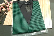 Barry.Wang Green Black  Herringbone Plaid  Vest  V-neck Slim Fit Waistcoat 2XL