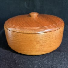 Hand Turned Round Wood Trinket Box Lid Carved Lines Jewelry Carey Art Oxford OH