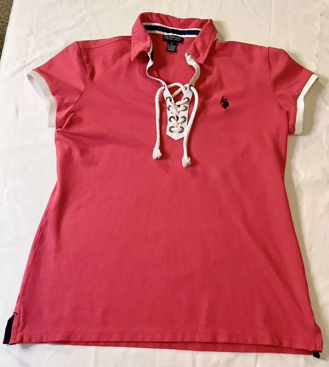 U.S Polo Assn Womens Lace Up Collar Polo Shirt Size S Pink & White Short Sleeve
