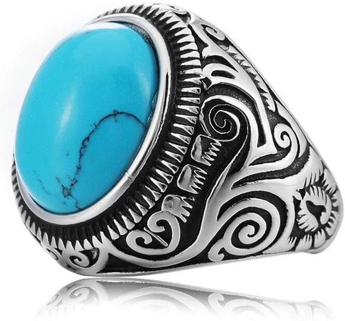 Synthetic Blue Turquoise Ring Size 10 Stainless Steel Vintage Oval Statement Bik