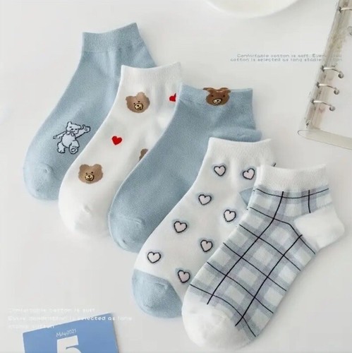 Women's Cute Bear Hearts Pattern Ankle Socks Fashion Sock Set Of 5 - Picture 2 of 4