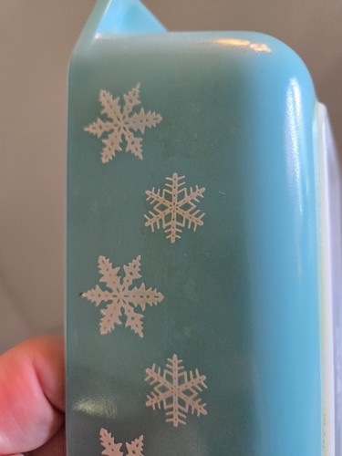 Casseruola vintage MCM Pyrex turchese bianco fiocco di neve 2 QT 575-B con coperchio - Foto 7 di 10