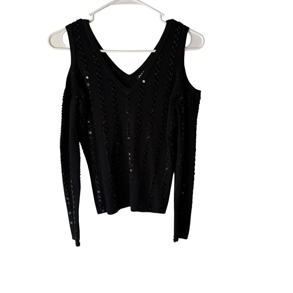 Camisa Tejida Y2K Cabo Negra Hombro Frío Lentejuelas Talla S Salir Fiesta Foto 2 de 4