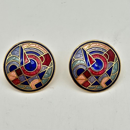 Vintage 80er Römer 1" Runde Cloisonné Art Deco Multicolor Ohrringe Signiert