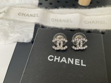 Authentic Chanel CC Crystal Stud Earrings Silver Small Classic Logo Box Receipt
