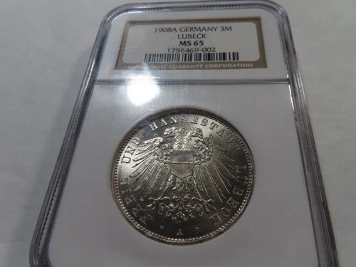 T38 Germany Lubeck 1908-A Silver 3 Marks NGC MS-65